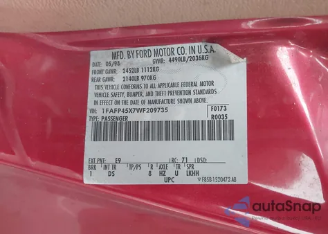 1998 Ford Mustang Gt from USA, damaged, VIN 1FAFP45X7WF209735